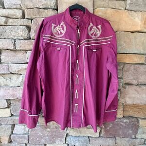 Linea De Oro Mens XL Western Shirt Burgundy Horseshoe Embroidery Toggle Cowboy